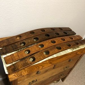 3-Oak Wine Barrel Candle Holder. (2 dark ones on left and 1 next to it). $114.